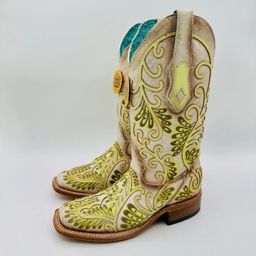 Corral Studded Boots Women's Size 6 M White Floral Green Leather Square Toe‎